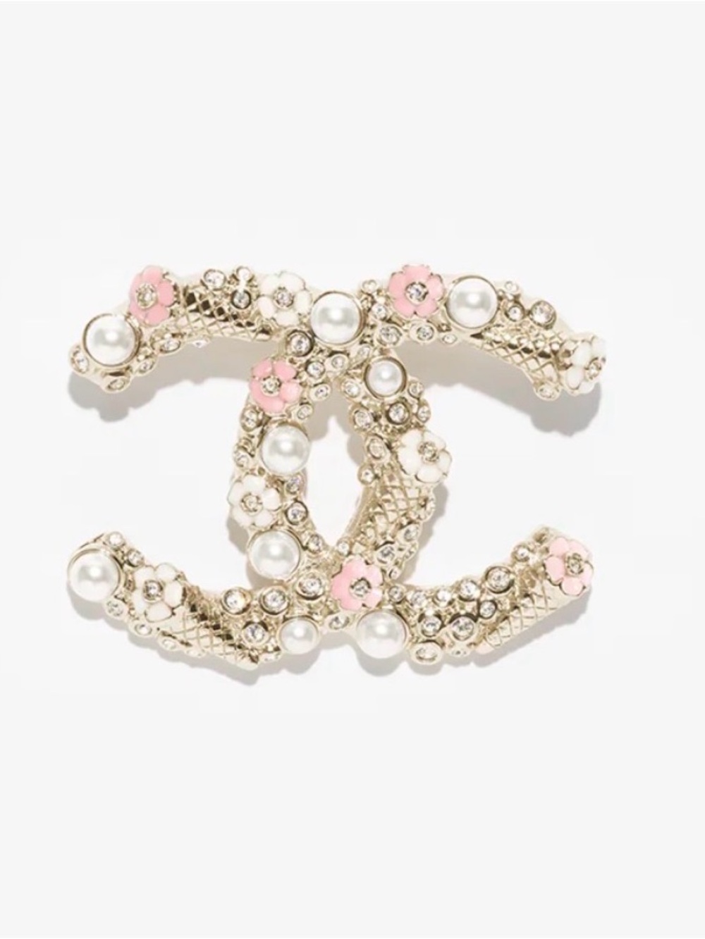 CHANEL Gold CC Brooch Pink Flower Accents and Pearly White Pearls
